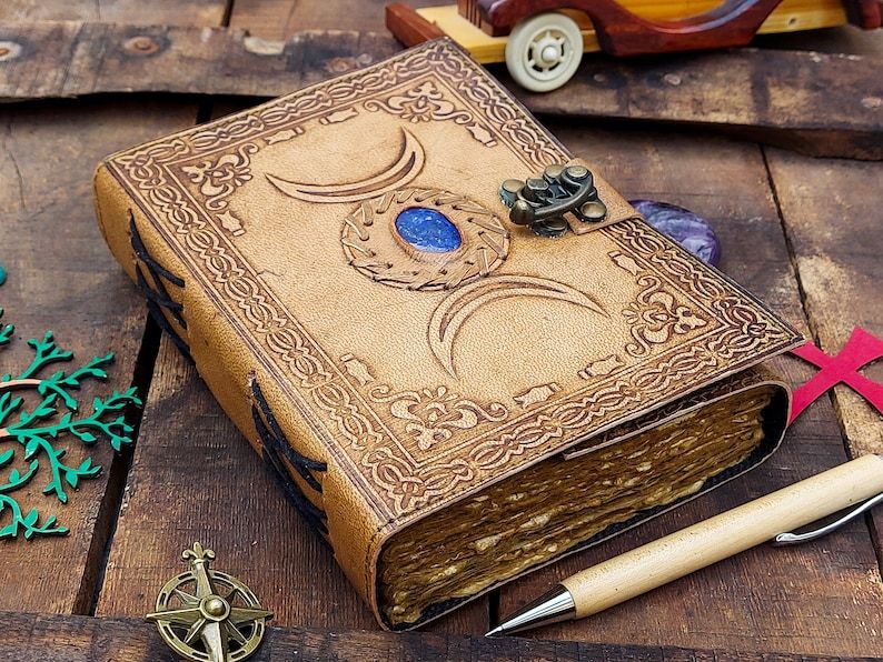Leather Journal Handmade Third Eye Stone Cletik Tripal Moon Lepiz Blue Stone Embossed Vintage Travels Sketchbook Spell Journal For Men Women
